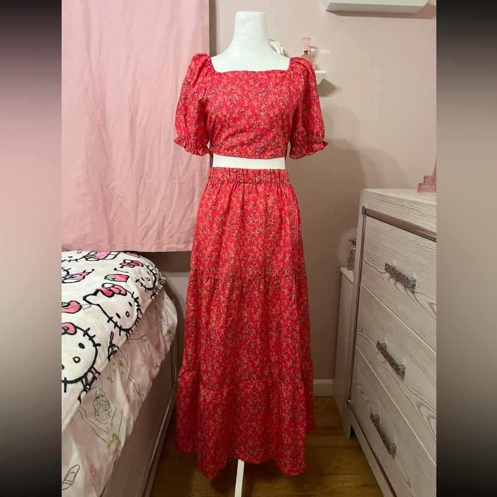 Floral Red Maxi Skirt and Top with Puff Sleeves